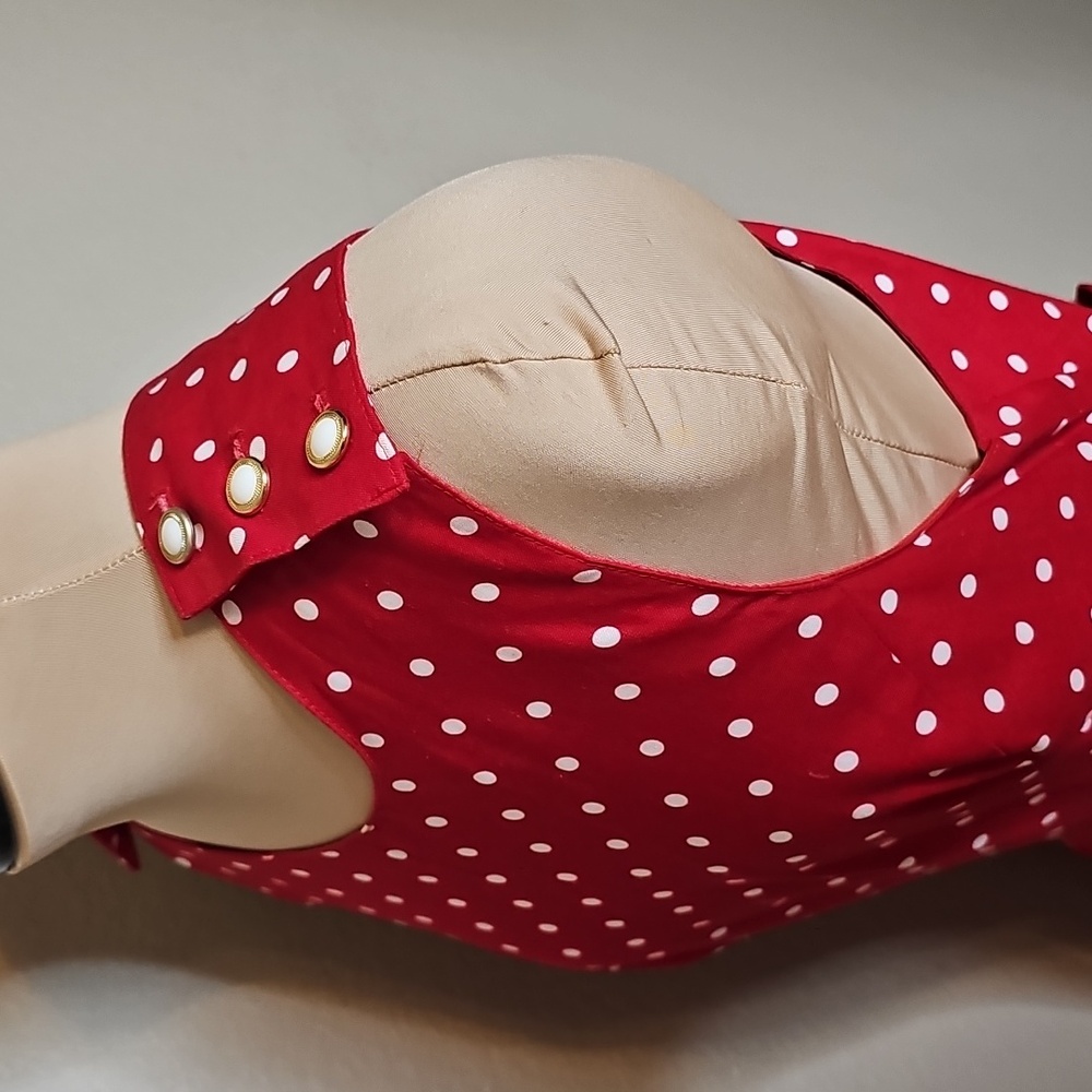 True Vintage 1980s Kamisato By Geary Roark Red Polka Dot Midi Dress Drop Waist M - Picture 6 of 15